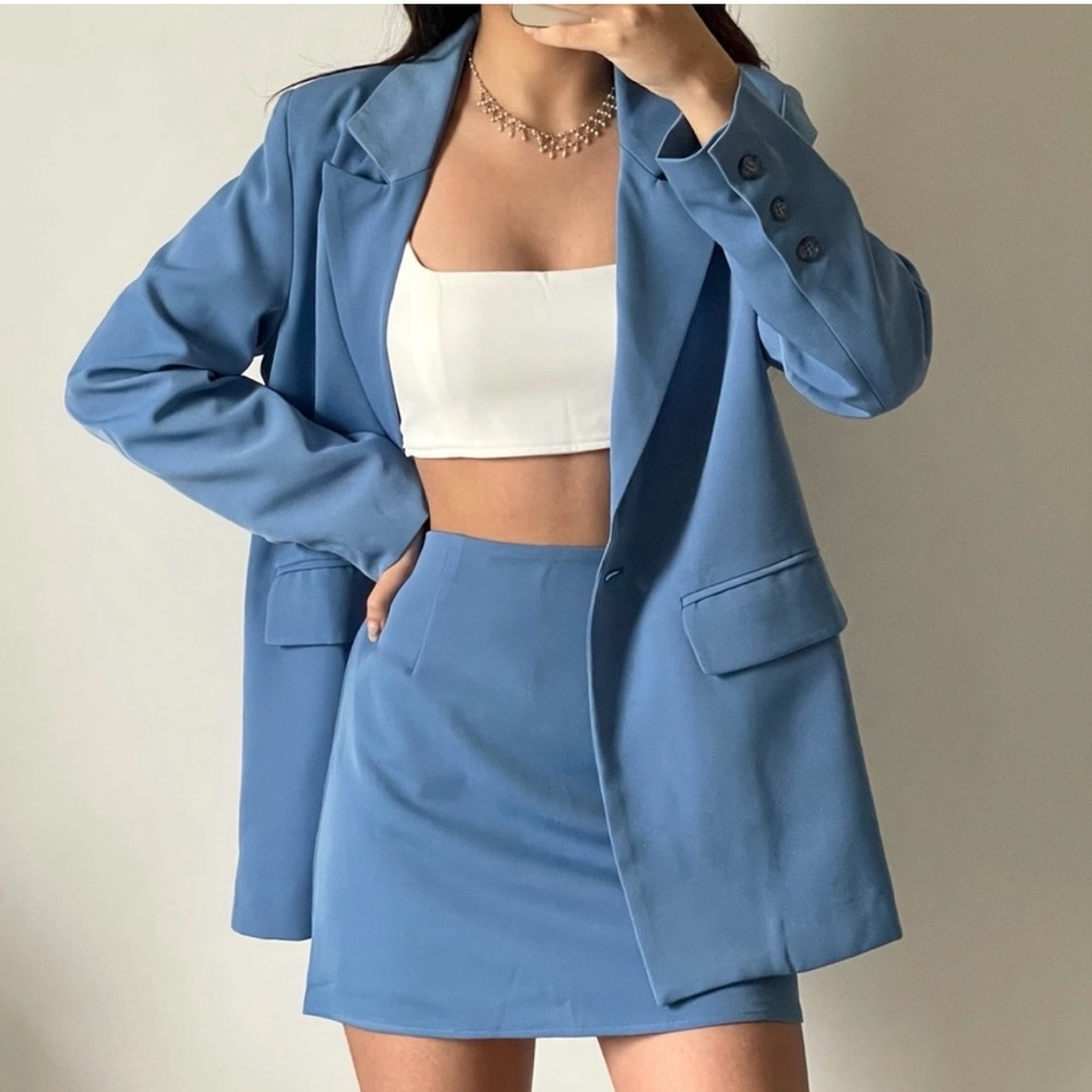 Peppermayo Italian Cities blazer and Vintage Towns mini skirt in Blue set